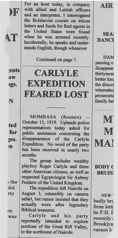 Newspaper Article About The Carlyle Expedition Feared Lost In Nairobi