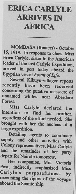 Newspaper Article About Erica Carlyle Traveling To Nairobi